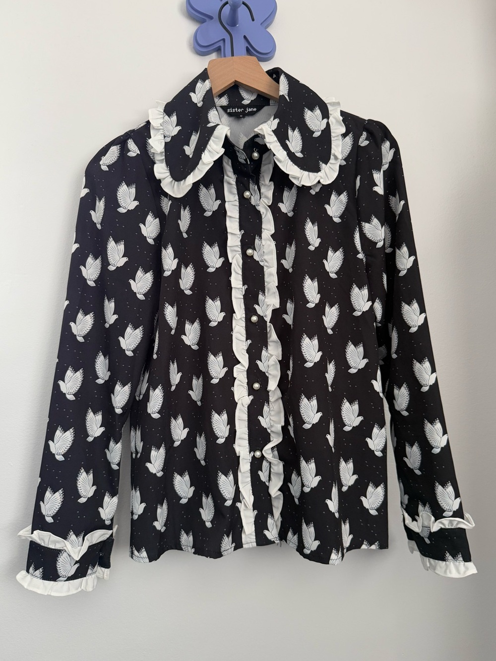 Sister Jane Small Birds Doves Blouse Preppy Office Work Coquette Black